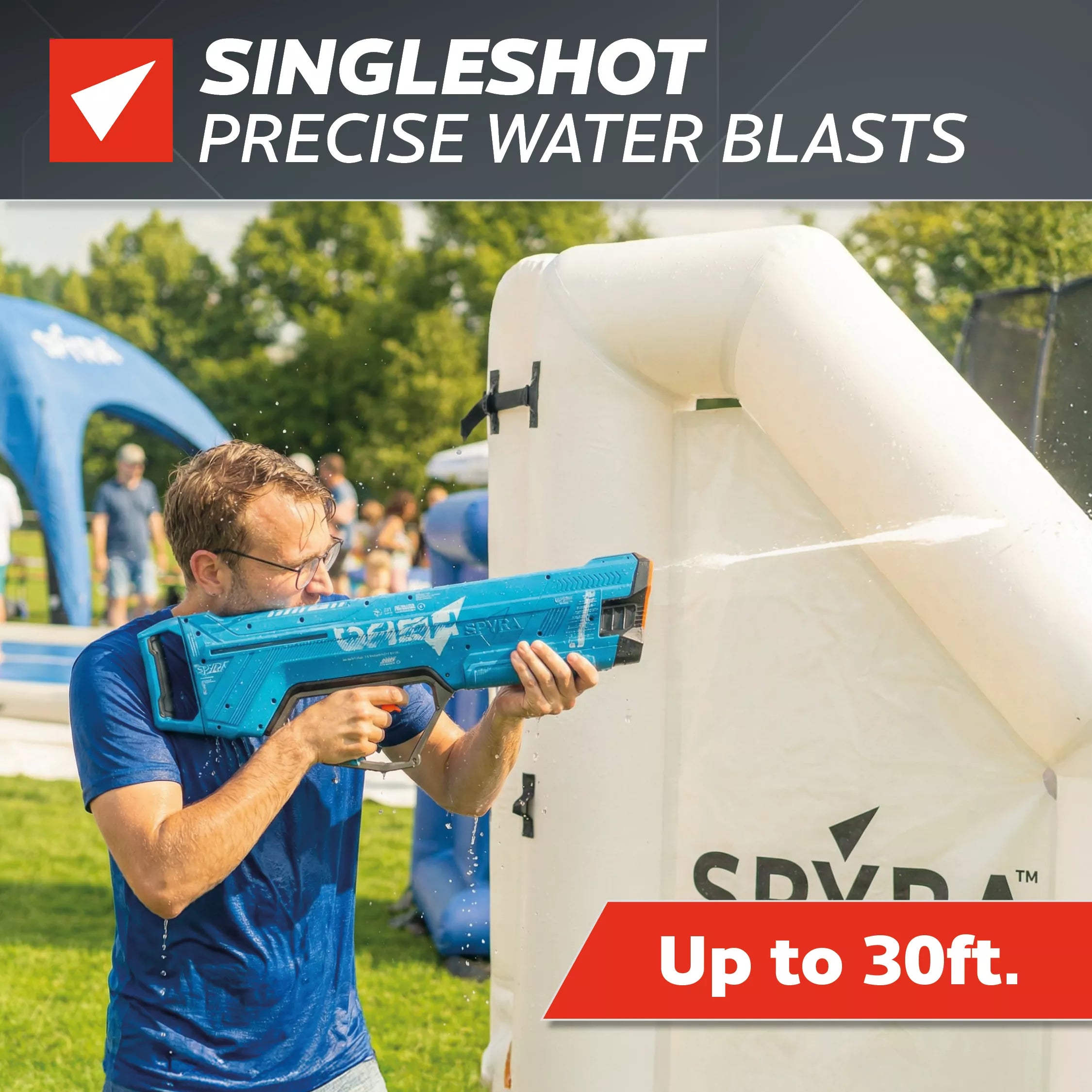 SpyraDash Blue Water Gun Promo Shot 30ft Range