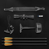 EK Archery Guillotine M+ crossbow accessories, including quiver, cocking rope, three bolts, sights, sling and rail lube wax
