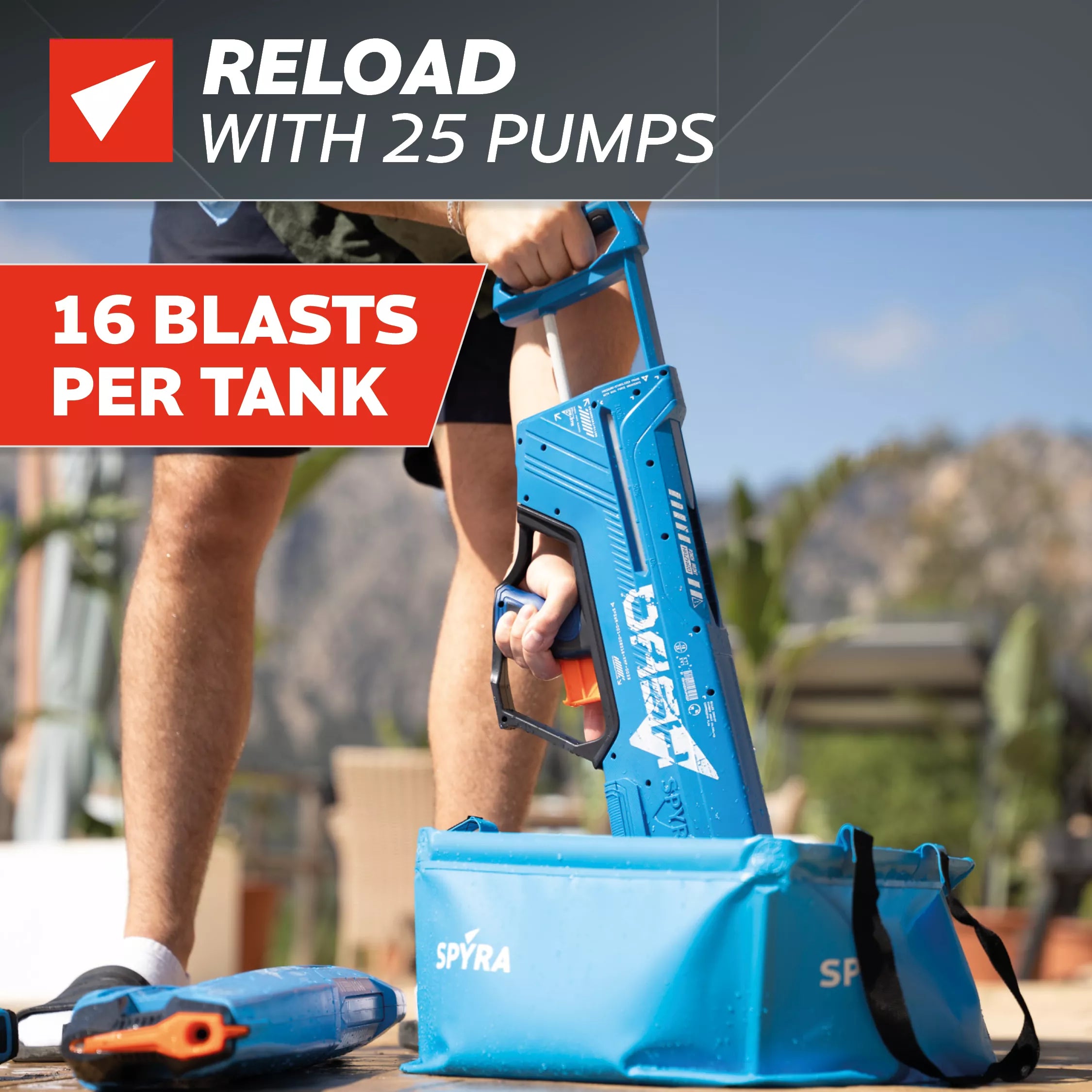 SpyraDash Blue Water Gun Promo Shot Reloading From Spyra Base